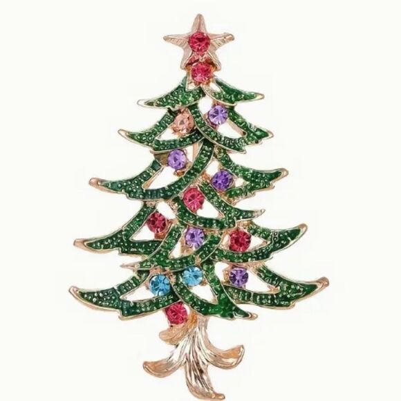 Festive 14K Gold Plated Christmas Tree Brooch with Sparkling Rhinestones Elegant - Picture 1 of 2